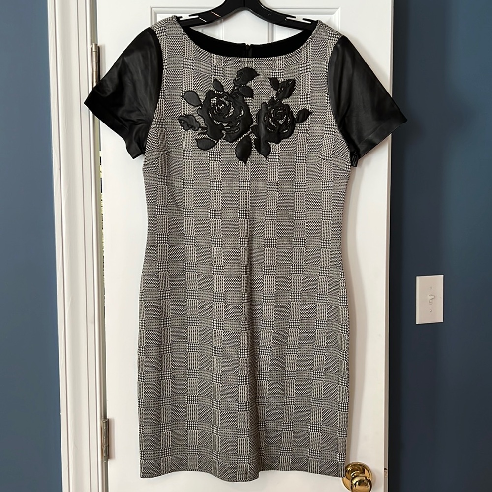 St. John black and white plaid dress with roses
